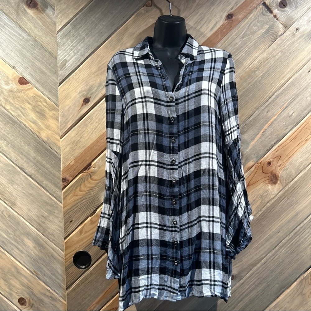 Lulu's Blue Plaid Butterfly Bell Sleeve Hidden Pocket Button Down Shirt Dress